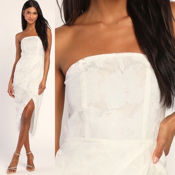 Lulus NWT Dreamy Vision Floral Burnout Jacquard Strapless Midi Dress Medium - Picture 3 of 14